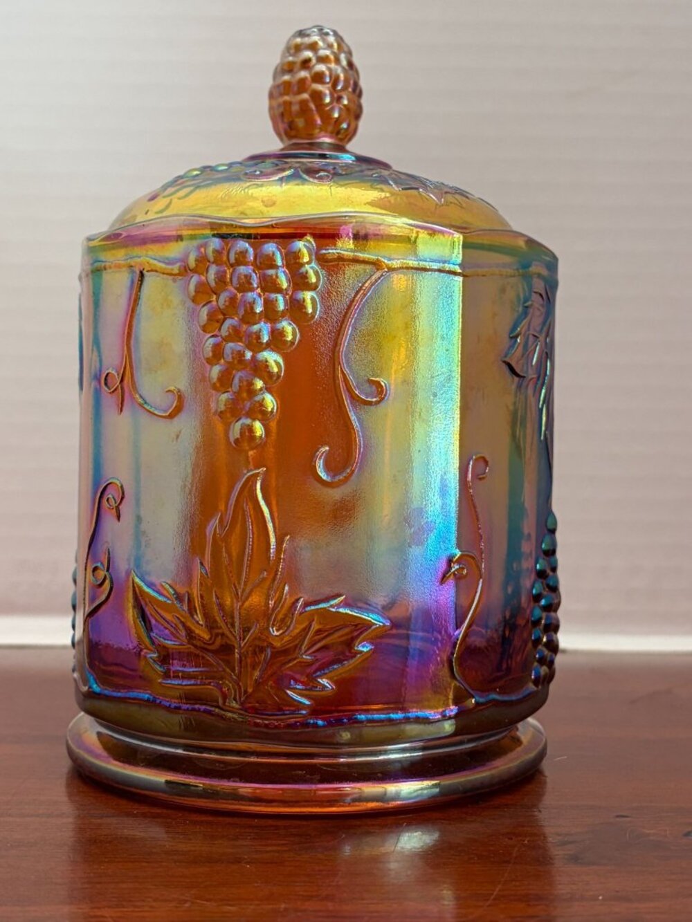 Vintage Indiana Glass Harvest Grape Marigold 7" Carnival Glass Canister